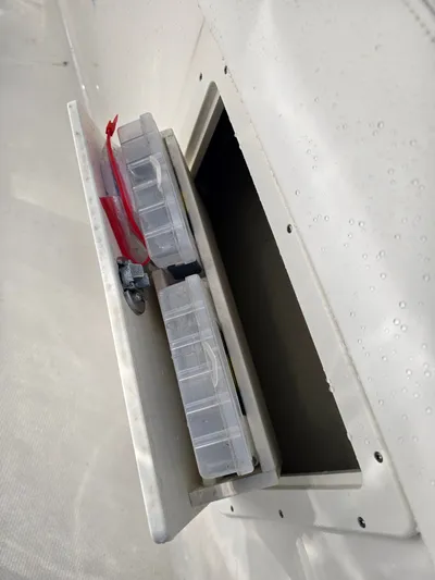 No Regrets Yacht Photos Pics Robalo R272 Center Console 2022, storage compartment with boxes.