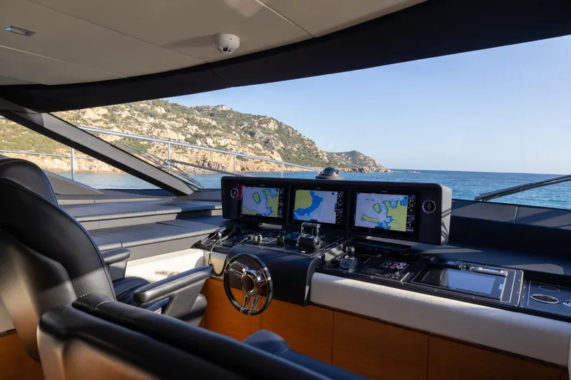 Filippetti F100 Yacht Photos Pics Interior view of 2026 Filippetti F100 yacht cockpit with navigation screens.