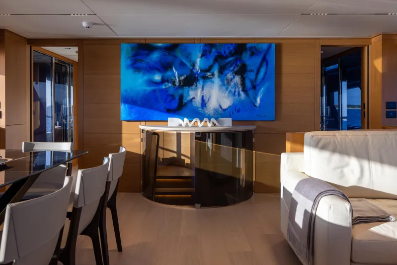 Filippetti F100 Yacht Photos Pics Luxurious interior of 2026 Filippetti F100 yacht with modern art and elegant furnishings.