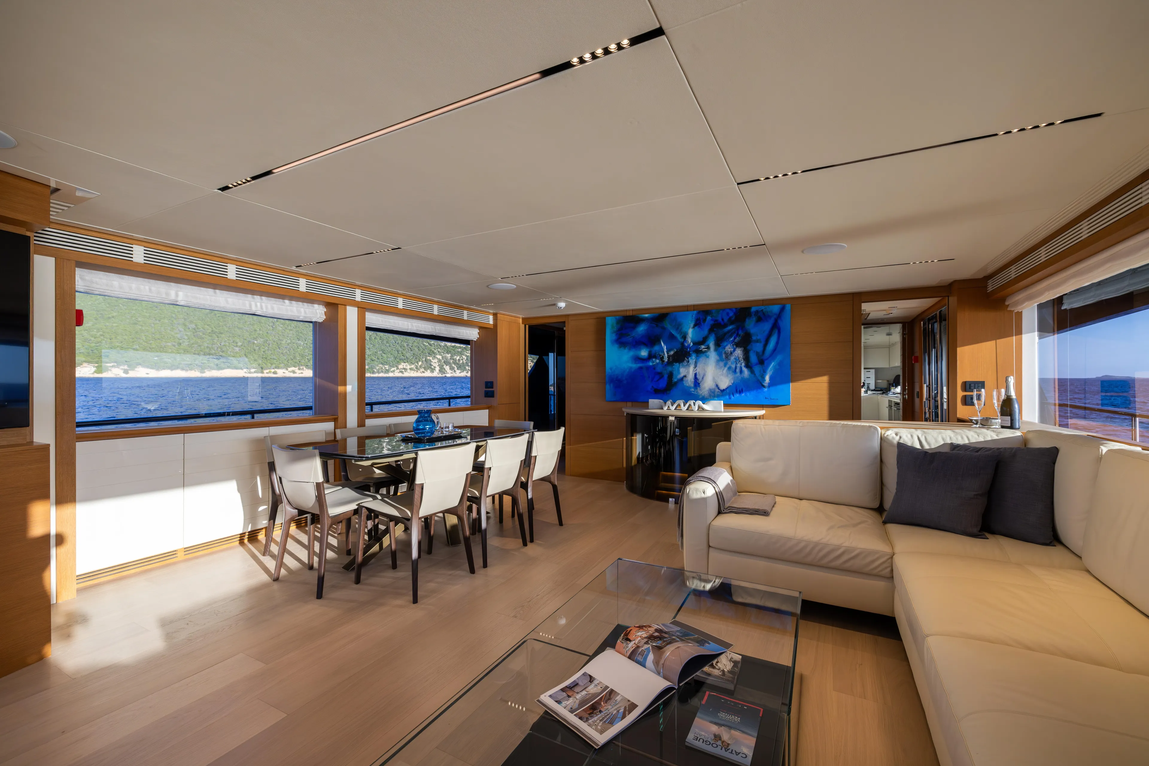 Filippetti F100 Yacht Photos Pics Luxurious interior of 2026 Filippetti F100 yacht with modern furnishings and ocean view.