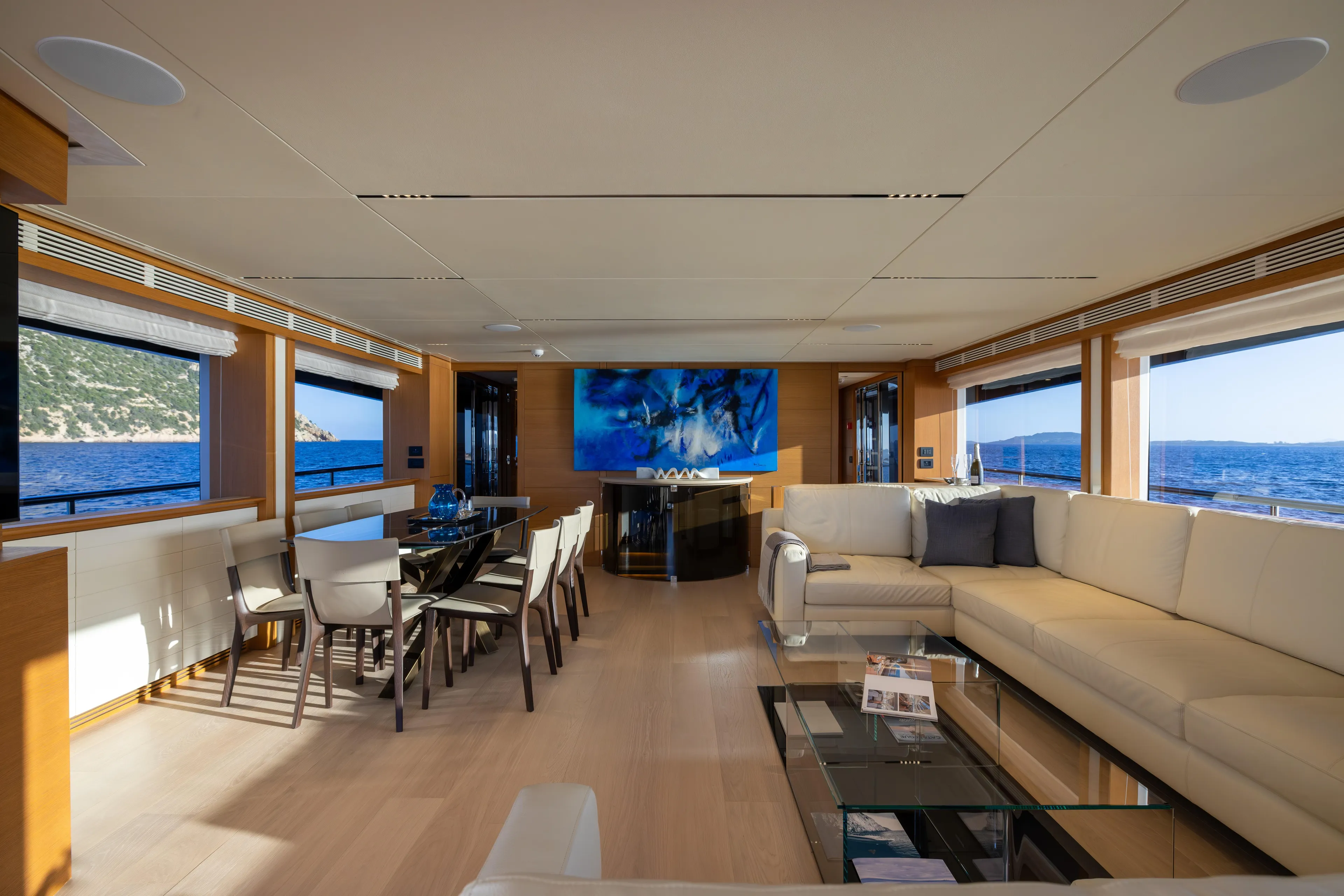 Filippetti F100 Yacht Photos Pics Luxurious interior of 2026 Filippetti F100 yacht with elegant seating and ocean views.
