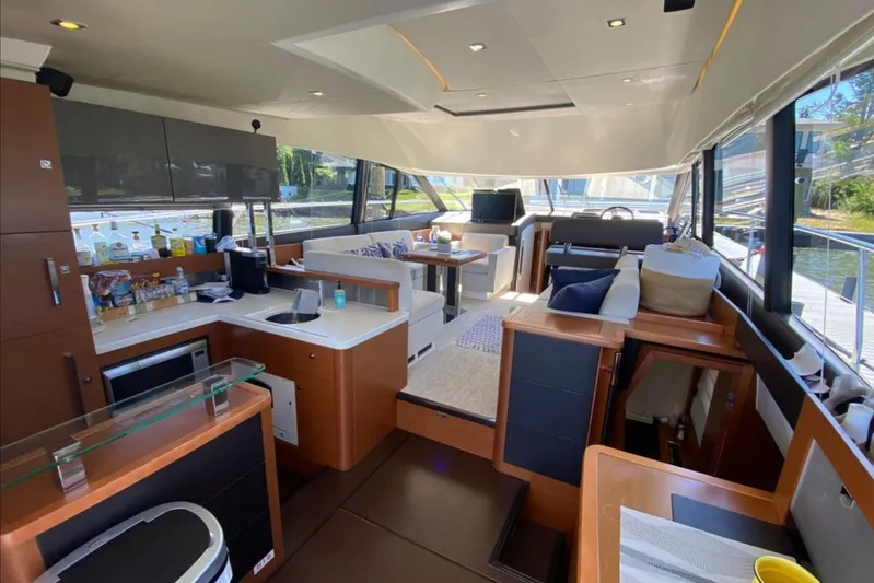  Yacht Photos Pics Luxurious interior of a 2012 Prestige 500 yacht with modern amenities and elegant design.