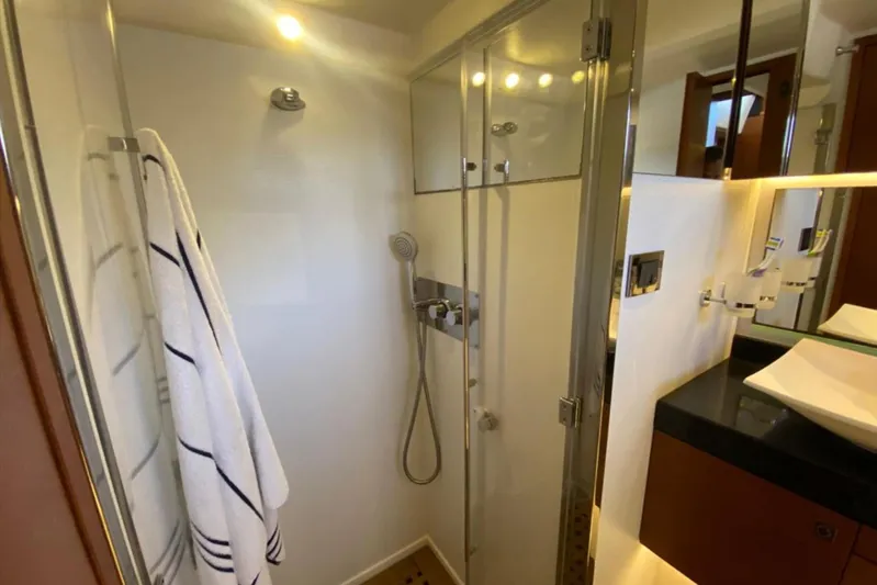  Yacht Photos Pics Luxurious bathroom in 2012 Prestige 500 yacht with modern shower and elegant fixtures.