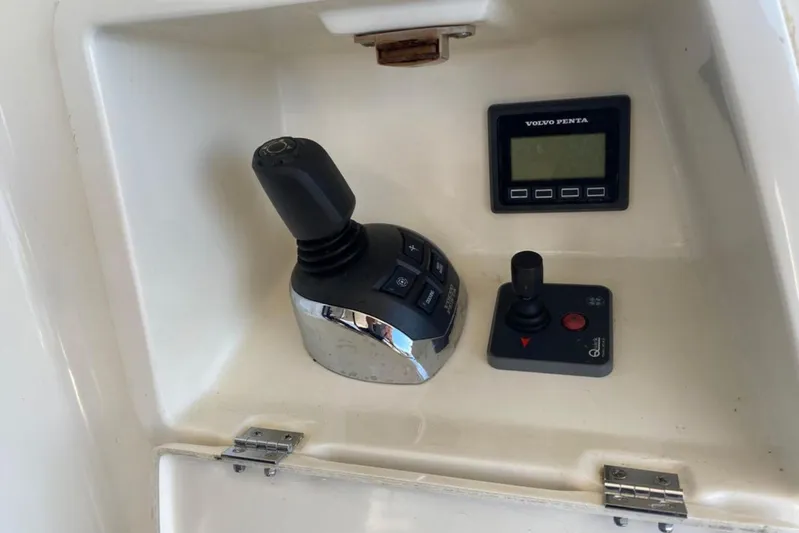  Yacht Photos Pics Control panel of a 2012 Prestige 500 yacht with joystick and display.