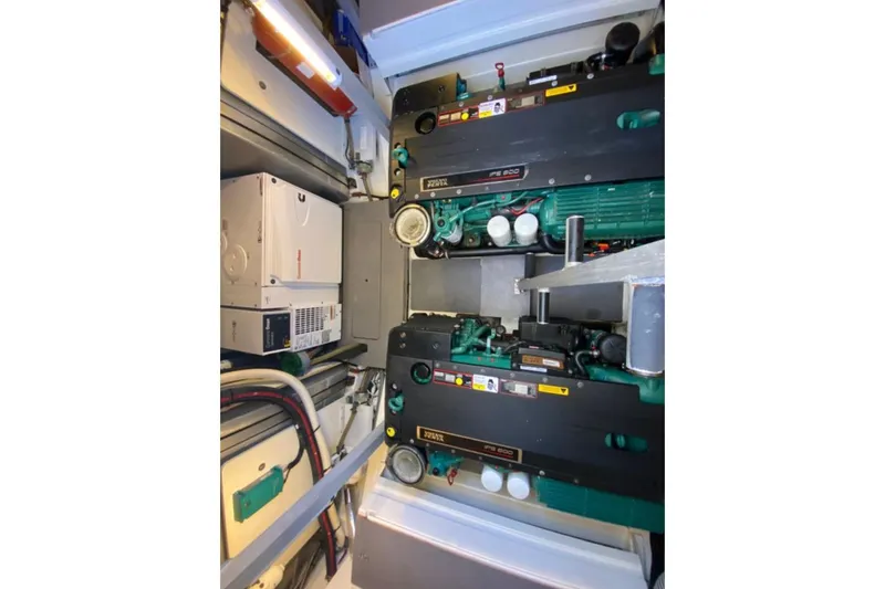  Yacht Photos Pics Engine room of a 2012 Prestige 500 yacht, featuring dual engines and equipment.