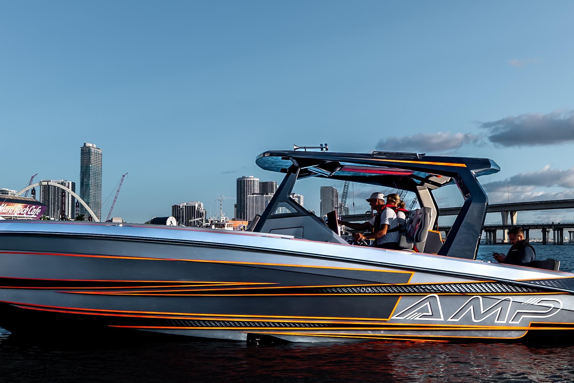 Futuristic AMP 333 speedboat cruising near city skyline, 2026 model.