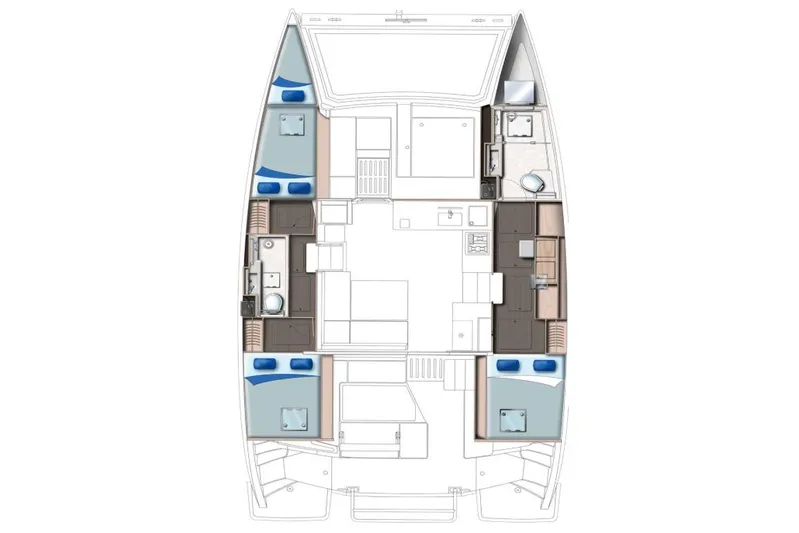  Yacht Photos Pics Floor plan of a 2017 Leopard 40 catamaran, featuring cabins and living areas.