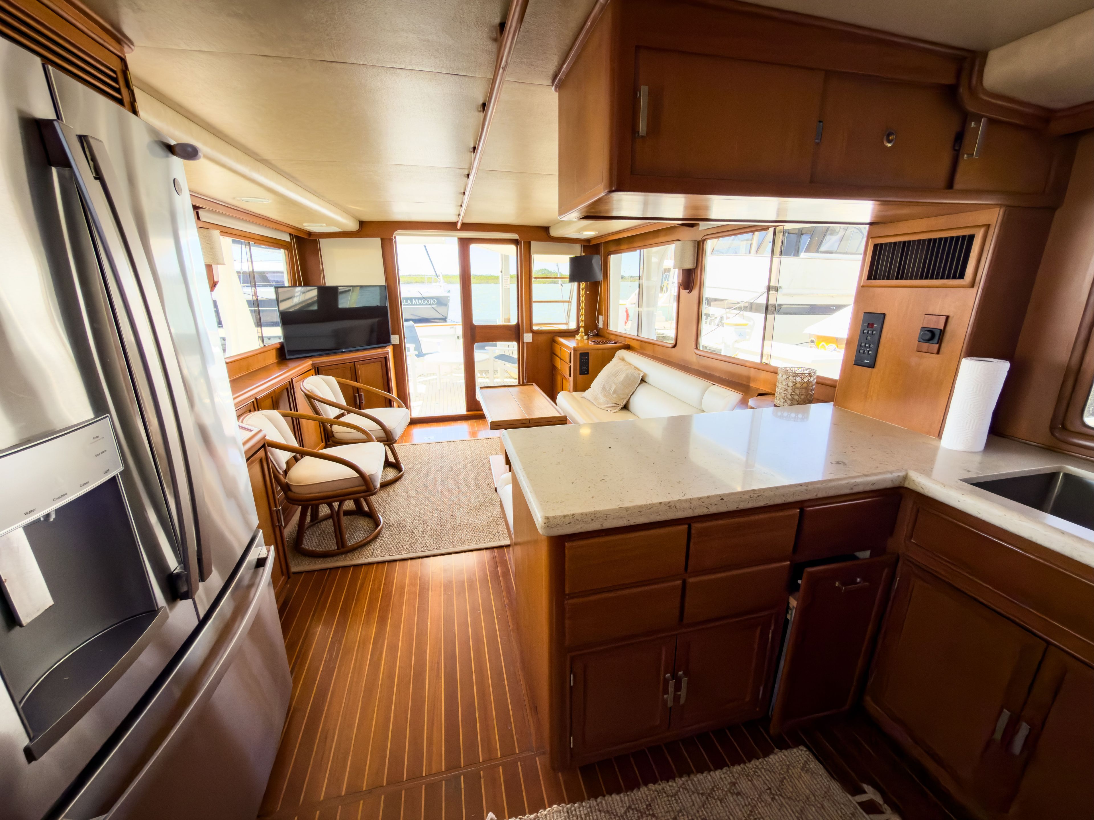 Interior of a 1996 Fleming 55 yacht with modern kitchen.