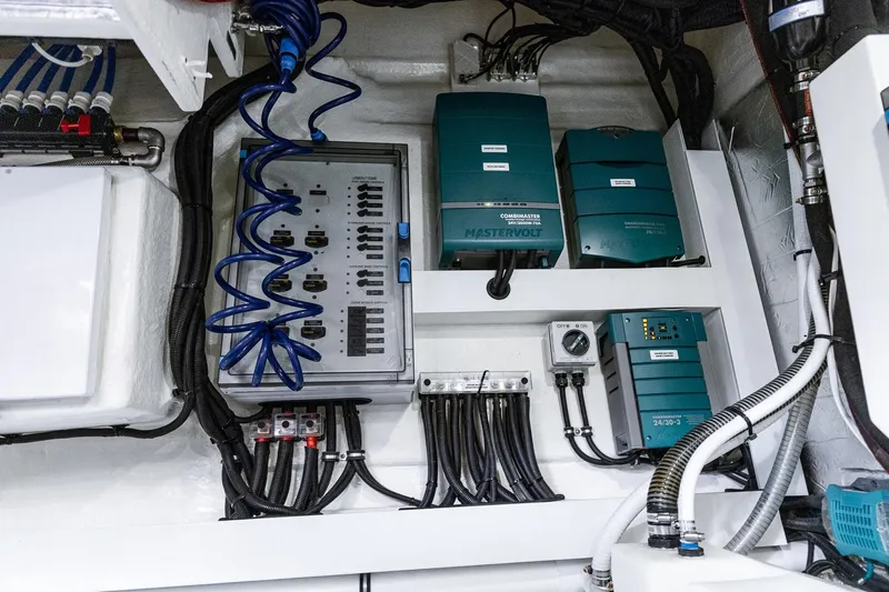 Frivolous Yacht Photos Pics Electrical system of 2021 Riviera 5400 Sport Yacht Platinum Edition, featuring Mastervolt components.