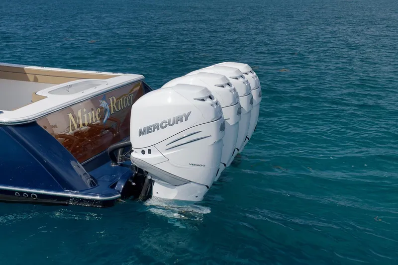  Yacht Photos Pics 2022 Valhalla Boatworks V-41 with Mercury outboard engines on blue water.