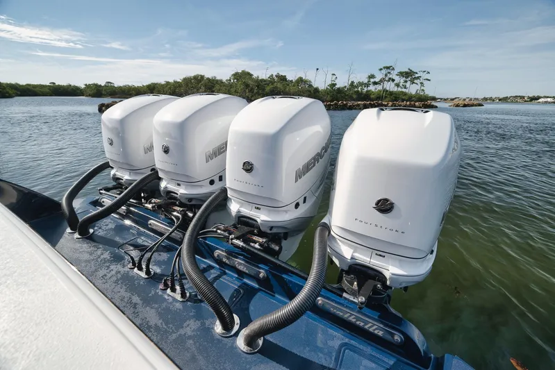  Yacht Photos Pics 2022 Valhalla Boatworks V-41 with four powerful Mercury outboard engines on water.