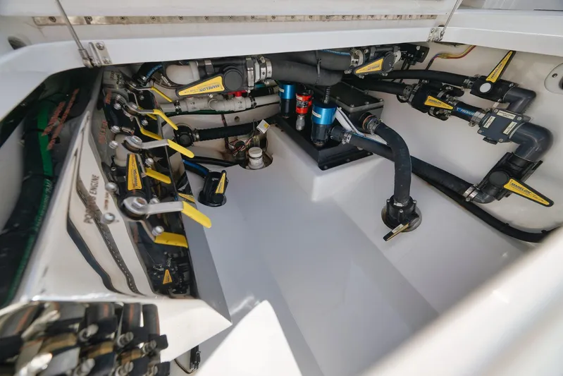  Yacht Photos Pics 2022 Valhalla Boatworks V-41 engine compartment with detailed plumbing and mechanical systems.