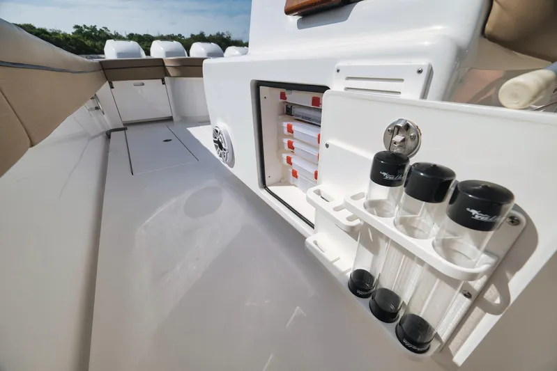  Yacht Photos Pics 2022 Valhalla Boatworks V-41 interior with storage compartments and rod holders.