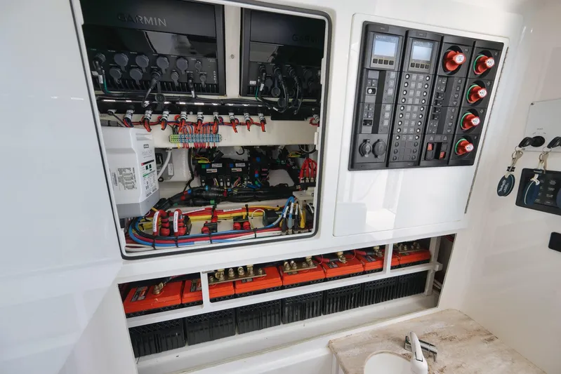  Yacht Photos Pics Electrical panel of 2022 Valhalla Boatworks V-41, showcasing wiring and control systems.