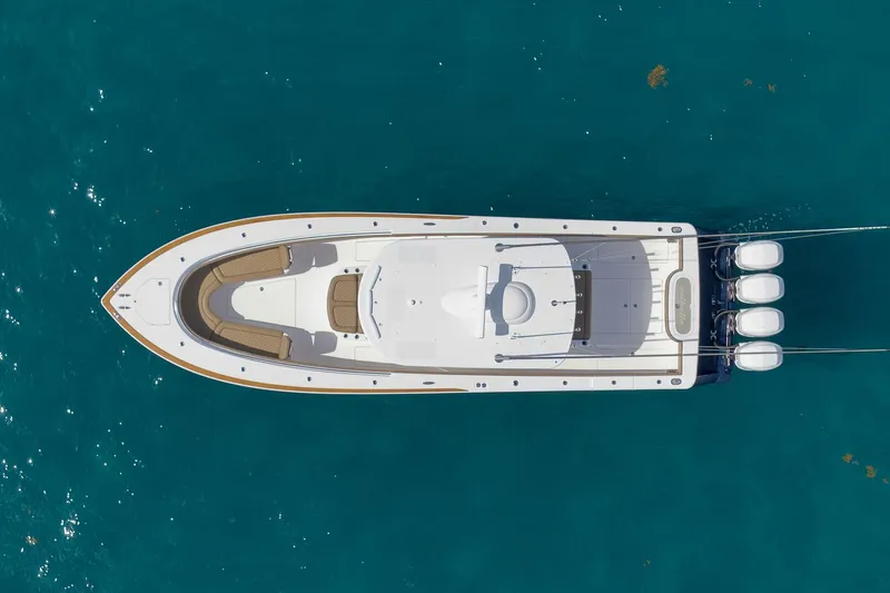  Yacht Photos Pics Aerial view of 2022 Valhalla Boatworks V-41 on clear blue water.