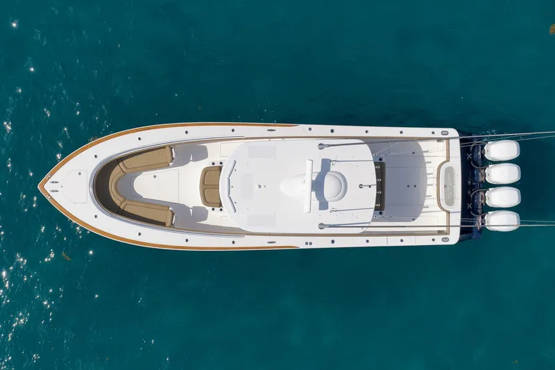  Yacht Photos Pics Overhead view of 2022 Valhalla Boatworks V-41 on clear blue water.