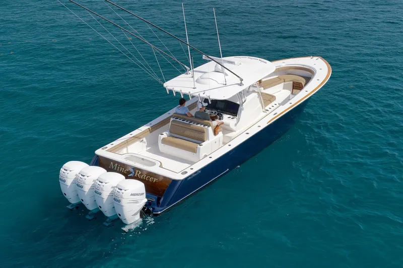  Yacht Photos Pics 2022 Valhalla Boatworks V-41 on clear blue water, featuring four powerful Mercury engines.