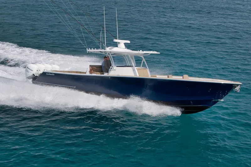  Yacht Photos Pics 2022 Valhalla Boatworks V-41 cruising on open water, showcasing sleek design and powerful engines.