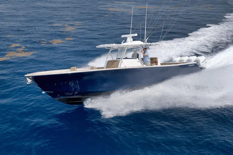  Yacht Photos Pics 2022 Valhalla Boatworks V-41 cruising on open water, showcasing sleek design and powerful performance.