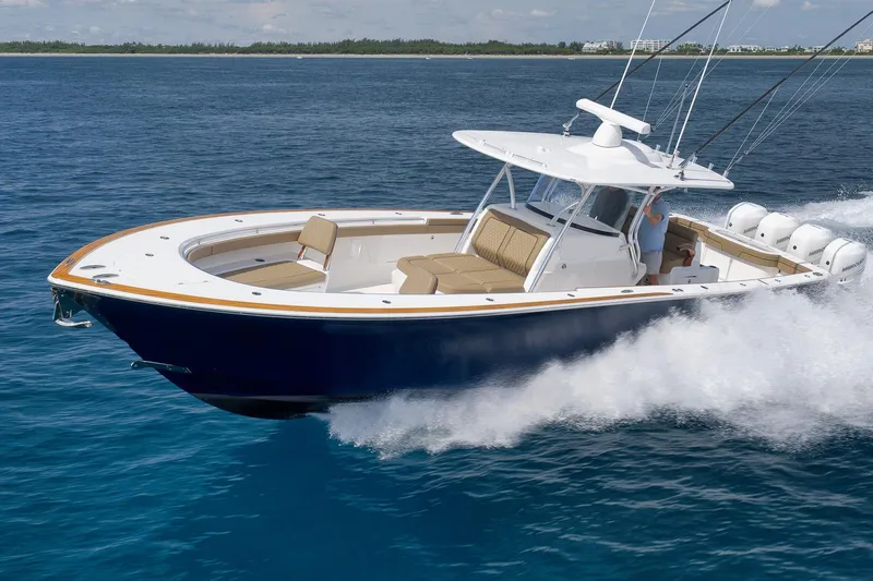  Yacht Photos Pics 2022 Valhalla Boatworks V-41 cruising on open water, showcasing sleek design and powerful engines.