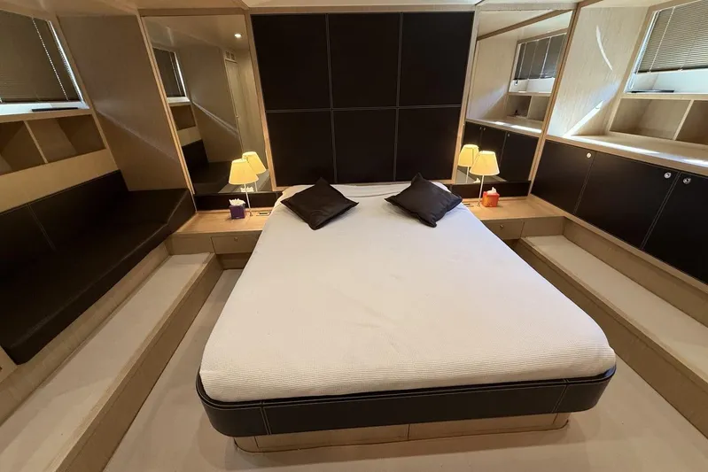 "alin 4ever" Yacht Photos Pics Luxurious bedroom interior of 2010 Riva 68 Ego Super yacht with modern design elements.