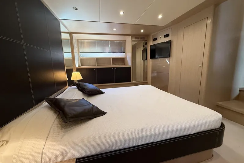 "alin 4ever" Yacht Photos Pics Luxurious bedroom interior of 2010 Riva 68 Ego Super yacht with modern design.