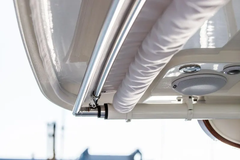 Cavu 4 Yacht Photos Pics 2022 Hinckley Sport Boat 40 X canopy detail with speaker and support structure.