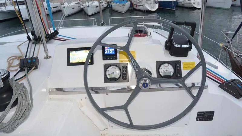  Yacht Photos Pics Helm of a 2019 Bali 4.1 yacht in harbor.