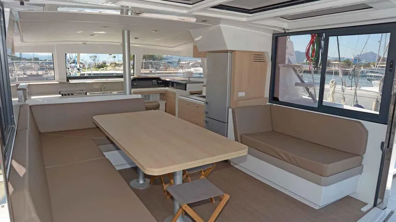  Yacht Photos Pics Interior of a 2019 Bali 4.1 yacht with modern dining area.