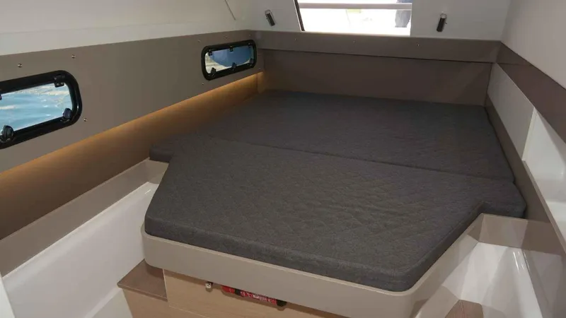  Yacht Photos Pics Interior of a 2019 Bali 4.1 yacht with cozy bed.
