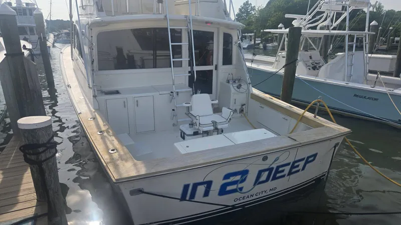 In 2 Deep Yacht Photos Pics 1984 Ocean Yachts 46 Super Sport docked, featuring "In 2 Deep" name, Ocean City, MD.