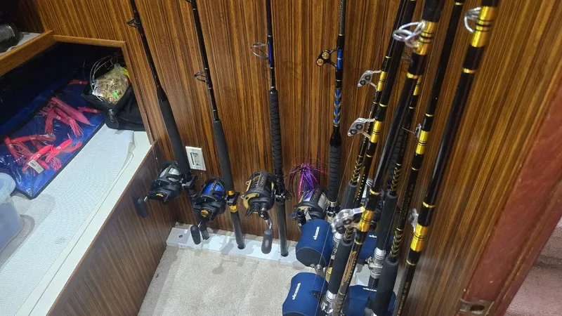 In 2 Deep Yacht Photos Pics Fishing rods and gear stored on a 1984 Ocean Yachts 46 Super Sport.