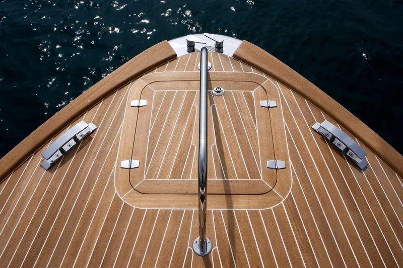 36 Yacht Photos Pics Bow of Toy 36 yacht, 2025 model, with teak decking and stainless steel fittings.