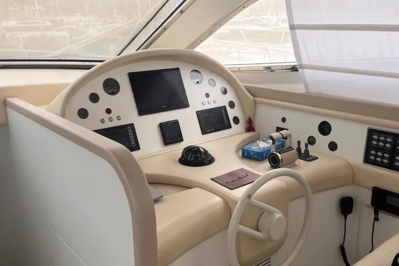  Yacht Photos Pics 2005 Posillipo Technema 80 yacht helm with modern navigation instruments and controls.