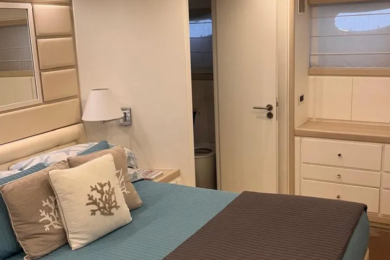  Yacht Photos Pics Luxurious bedroom interior of 2005 Posillipo Technema 80 yacht with elegant decor and cozy bedding.