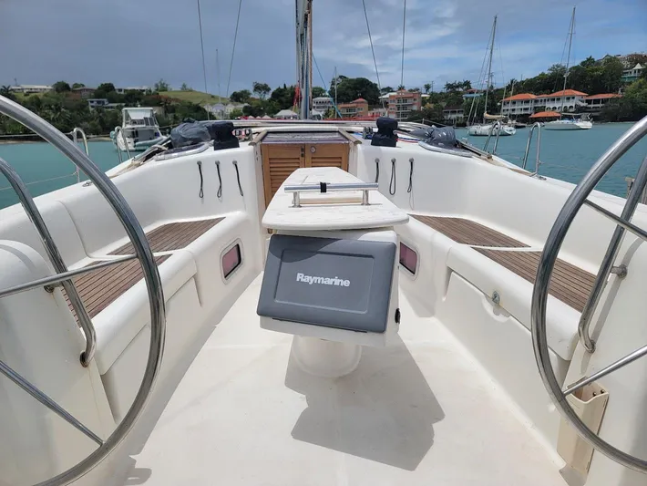 Tiffany Nicole Yacht Photos Pics Cockpit of 2011 Beneteau Oceanis 43 Family sailboat with dual steering wheels.