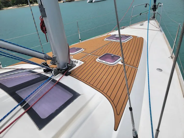 Tiffany Nicole Yacht Photos Pics Deck of 2011 Beneteau Oceanis 43 Family sailboat with teak finish and hatches.