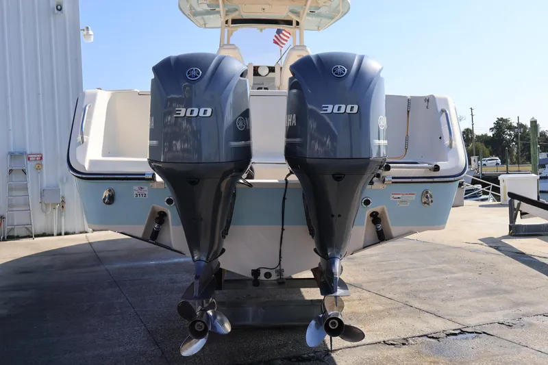  Yacht Photos Pics 2017 Grady-White Canyon 306 boat with dual Yamaha 300 engines at dockside.