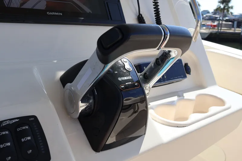  Yacht Photos Pics Close-up of Yamaha throttle control on 2017 Grady-White Canyon 306 boat.