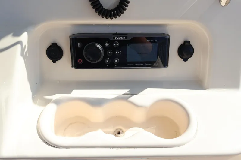  Yacht Photos Pics Fusion stereo system on 2017 Grady-White Canyon 306 boat dashboard.