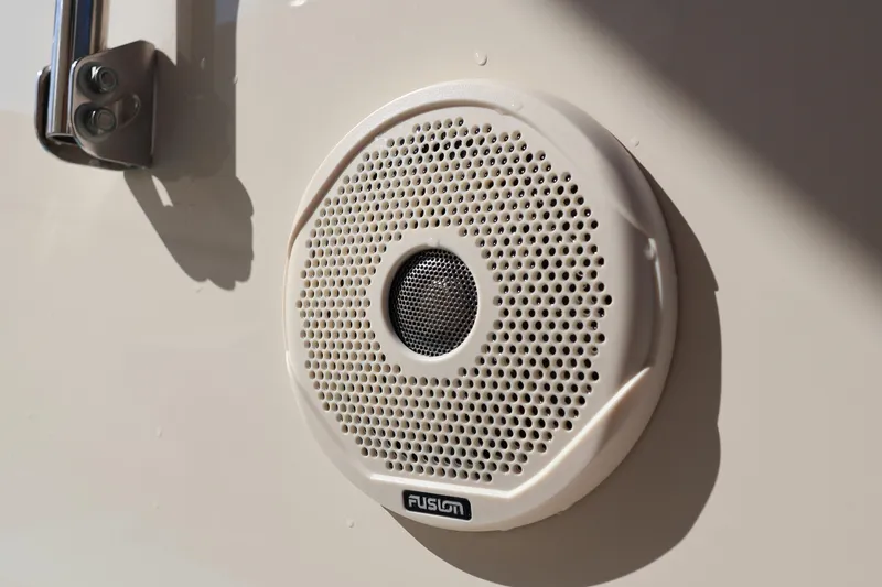  Yacht Photos Pics Close-up of a Fusion speaker on a 2017 Grady-White Canyon 306 boat.