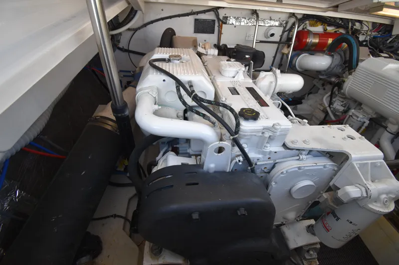 Bossa Nova Yacht Photos Pics Engine room of a 2006 Tiara Yachts 3600 Open, showcasing detailed mechanical components.