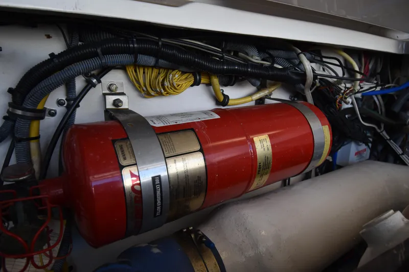 Bossa Nova Yacht Photos Pics Engine compartment of 2006 Tiara Yachts 3600 Open with fire extinguisher and wiring.