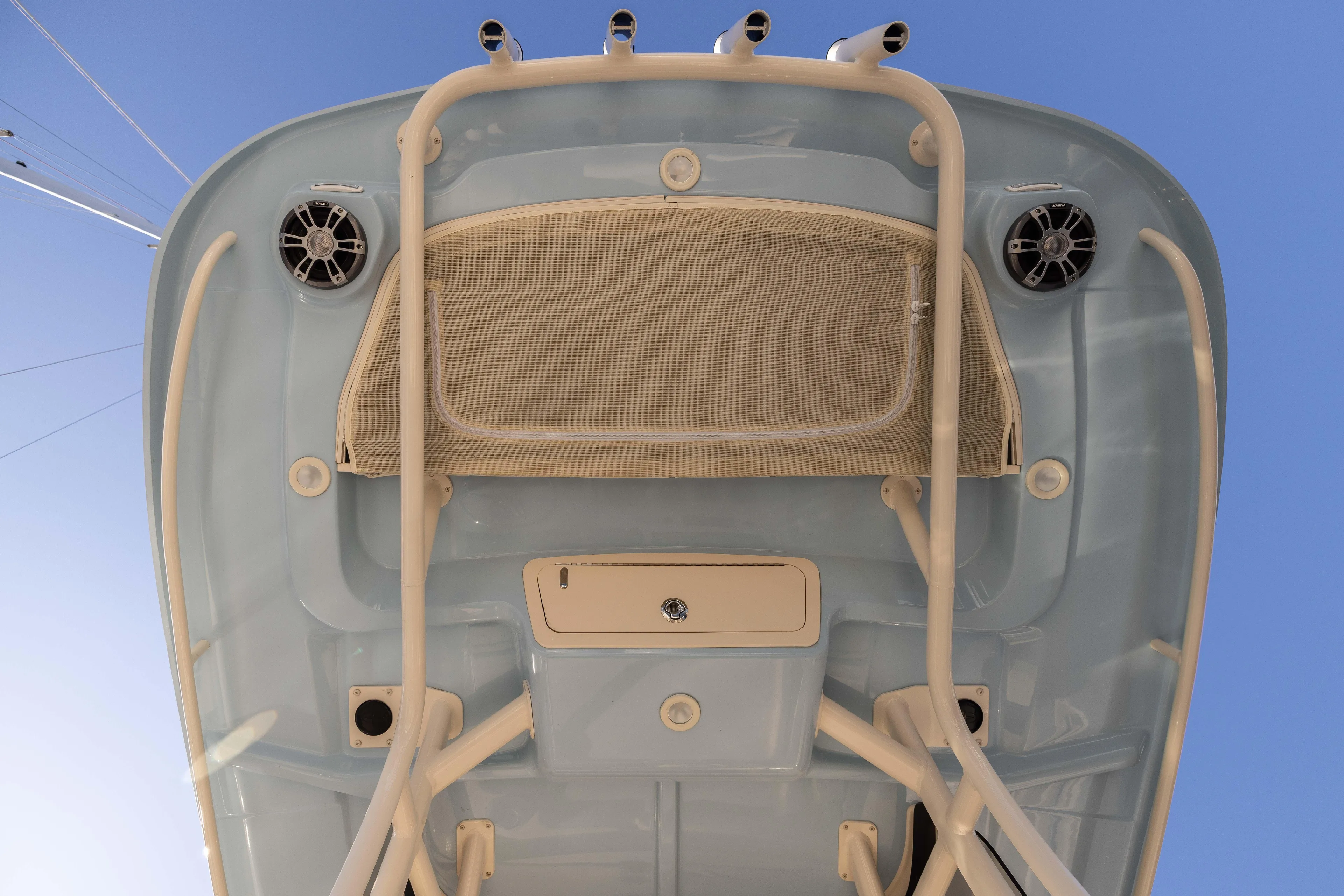 Shooter Yacht Photos Pics 2022 Grady-White 30.6 Canyon boat underside view with speakers and storage.