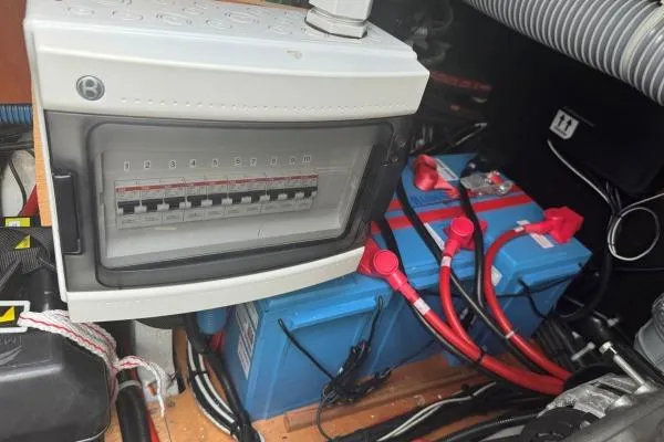 Tomcat Yacht Photos Pics Electrical panel and batteries in 2023 Lagoon 46 yacht engine room.