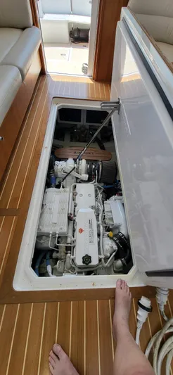  Yacht Photos Pics Engine compartment of a 2022 Legacy 36 Legacy boat with visible components.