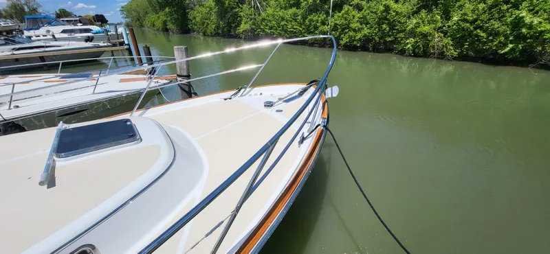  Yacht Photos Pics 2022 Legacy 36 boat docked on a calm river with lush greenery.