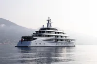 Luxurious 2022 Amels Custom yacht on serene waters with mountainous backdrop.