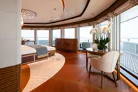 Luxurious 2022 Amels Custom yacht interior with elegant bedroom and panoramic ocean views.