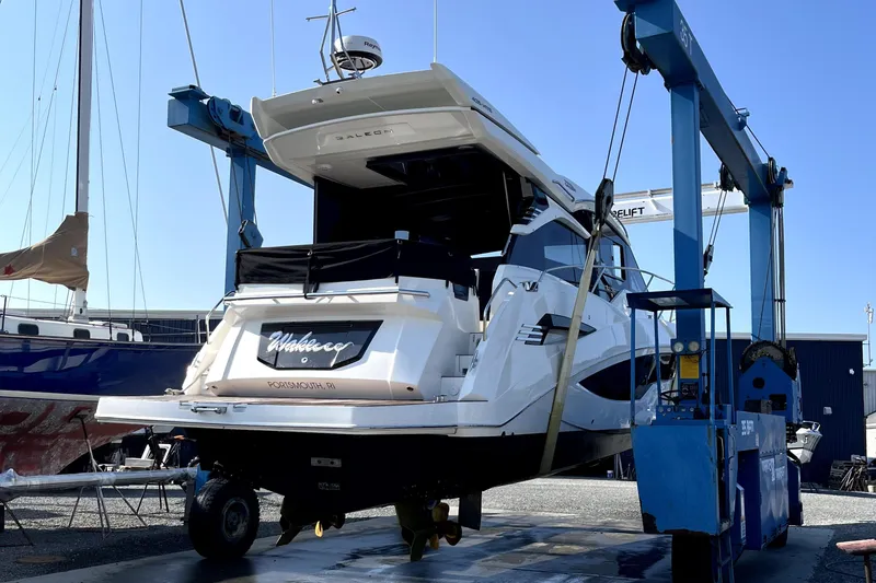  Yacht Photos Pics 2023 Galeon 425 HTS yacht in dry dock, Portsmouth, RI, under maintenance.